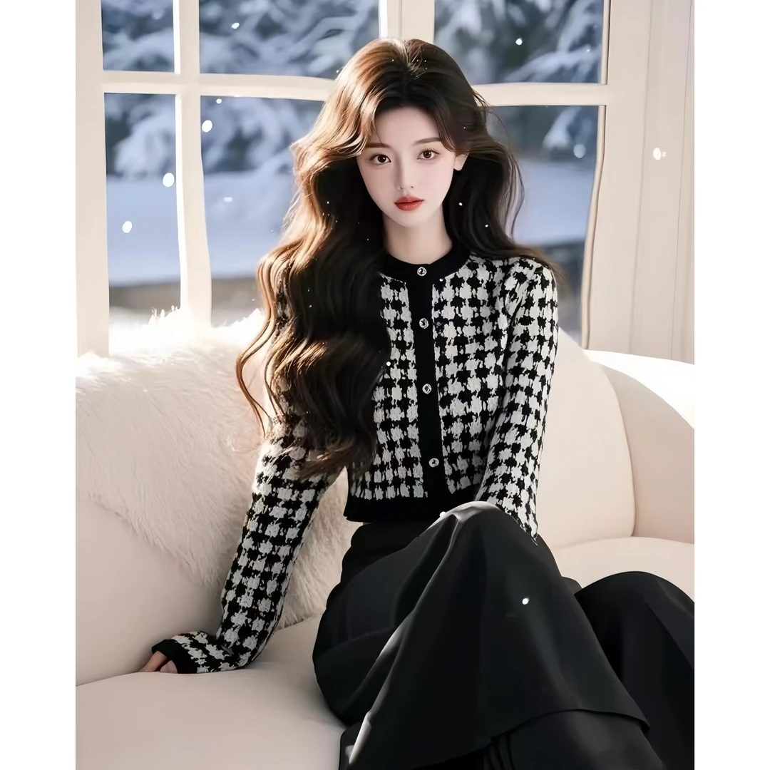 2024年冬季富家千金高级感气质名媛高端小香风千鸟格黑白格子上衣