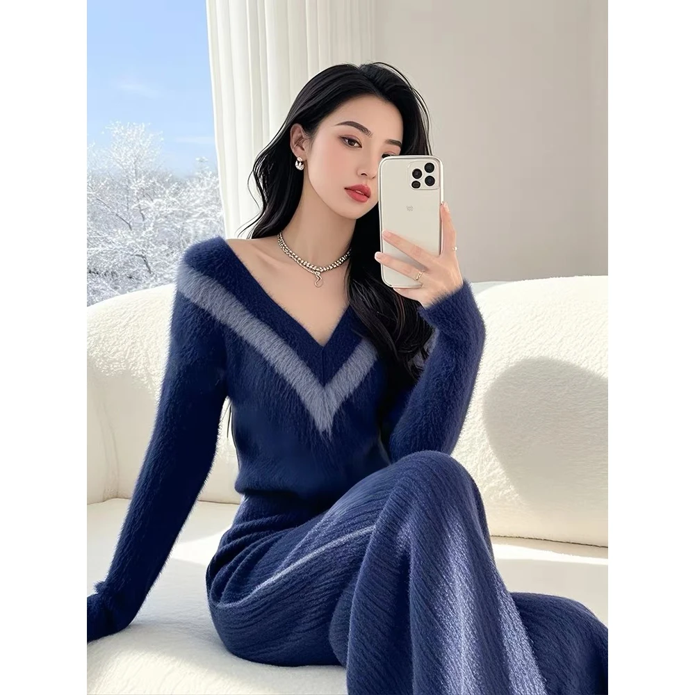 2024秋季富家千金感穿搭套装气质名媛小香风蓝色毛衣裤子两件套女