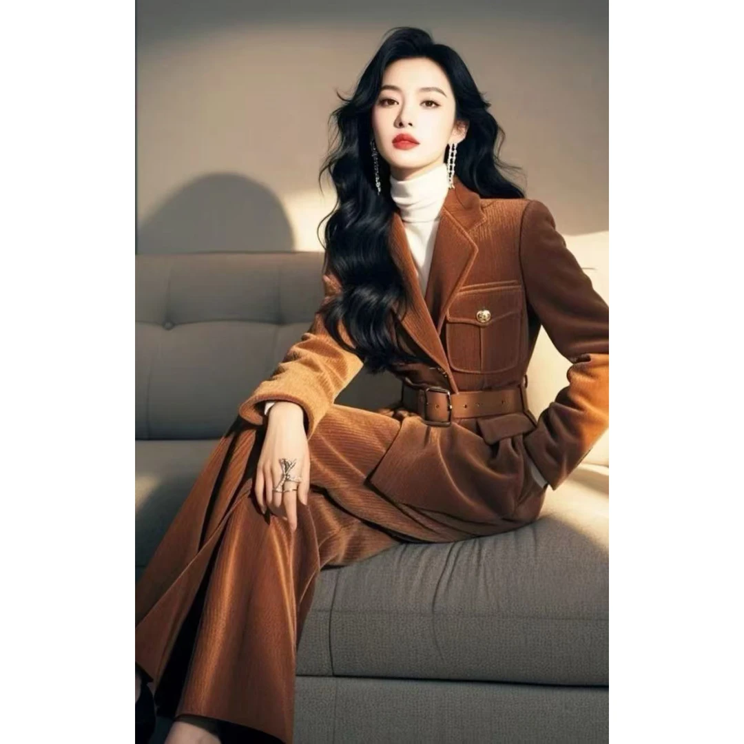 冬季穿搭一整套轻奢高级感名媛气质小香风咖色加厚外套阔腿裤套装