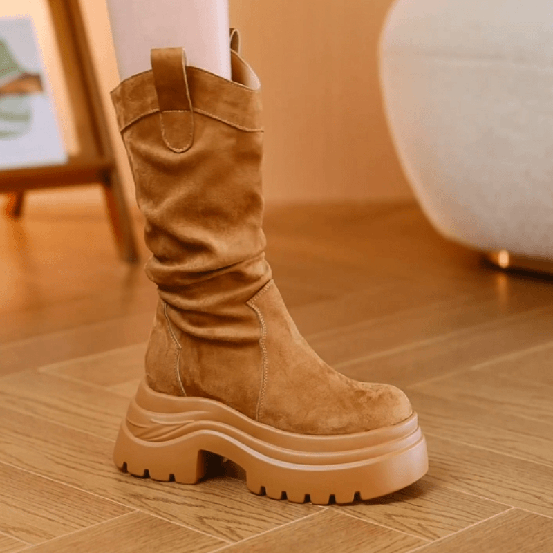 【田密密】2024早秋款皱皱靴松糕9CM厚底复古增高靴长靴女7.14-2