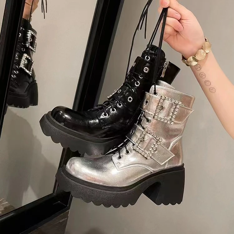 【红姐推荐】英伦风厚底9CM加绒英伦马丁靴女小个子系带短靴yG3339