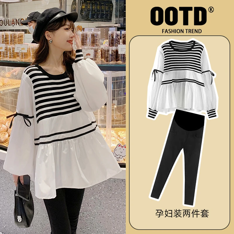 2024春秋款新品韩版时尚款针织条纹拼接衬衫大码上衣假两件显瘦