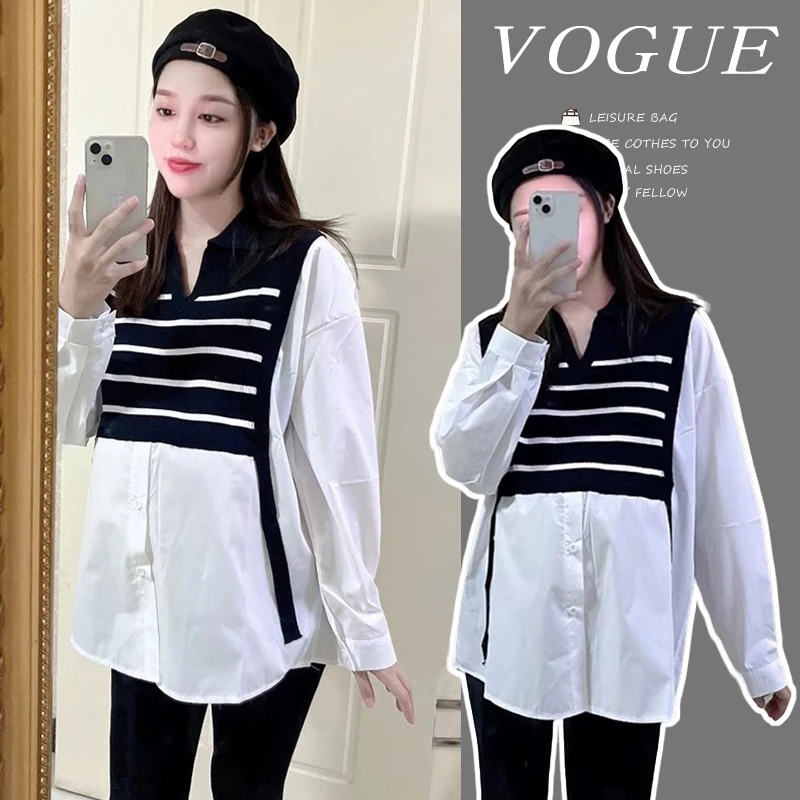 2024早春款条纹拼接假两件衬衣孕妇衬衣