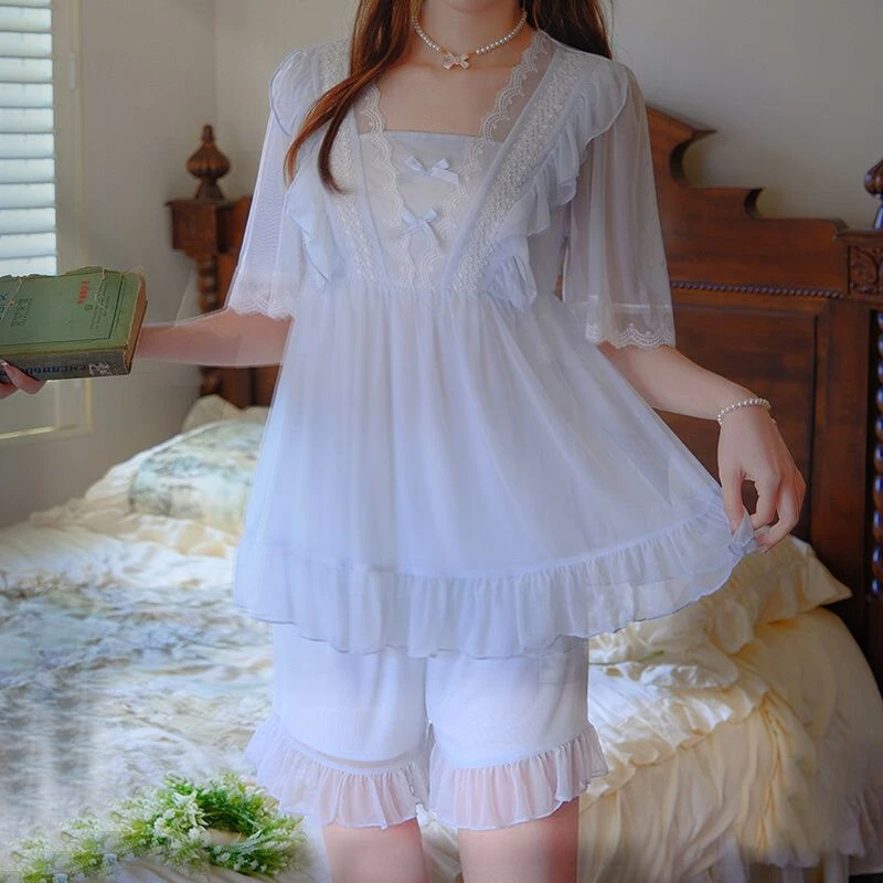 很仙的蕾丝莫代尔方领睡衣女夏季甜美宫廷风短袖短裤家居服套装