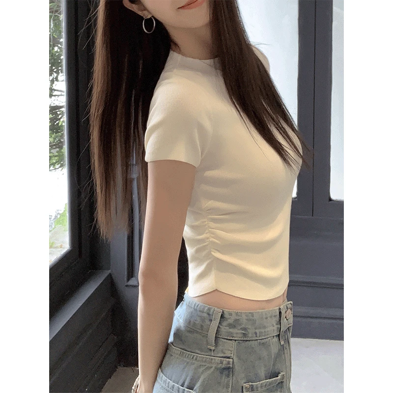 夏季褶皱短袖针织衫女2025新款纯色百搭气质修身显瘦短款T恤上衣
