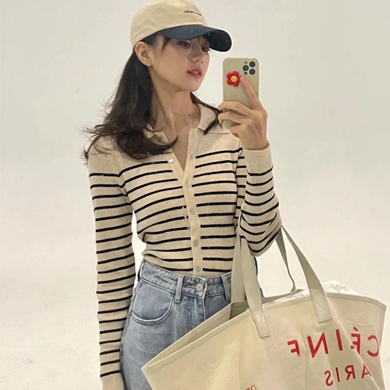 polo领针织衫女秋冬季新款条纹上衣打底衫女秋装内搭毛衣洋气开衫