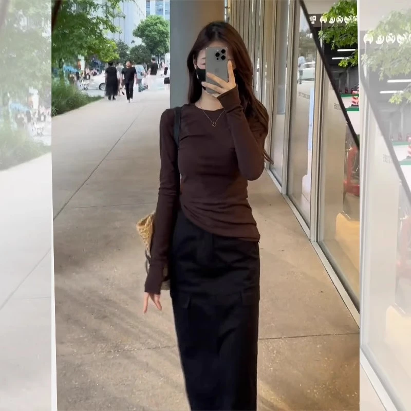 咖色圆领正肩修身短款内搭打底衫上衣女秋冬韩系穿搭长袖紧身t恤