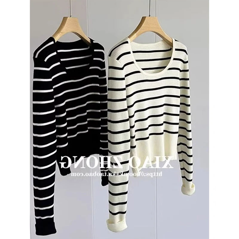 法式短款低圆领条纹针织衫女秋冬修身内搭打底衫毛衣长袖上衣