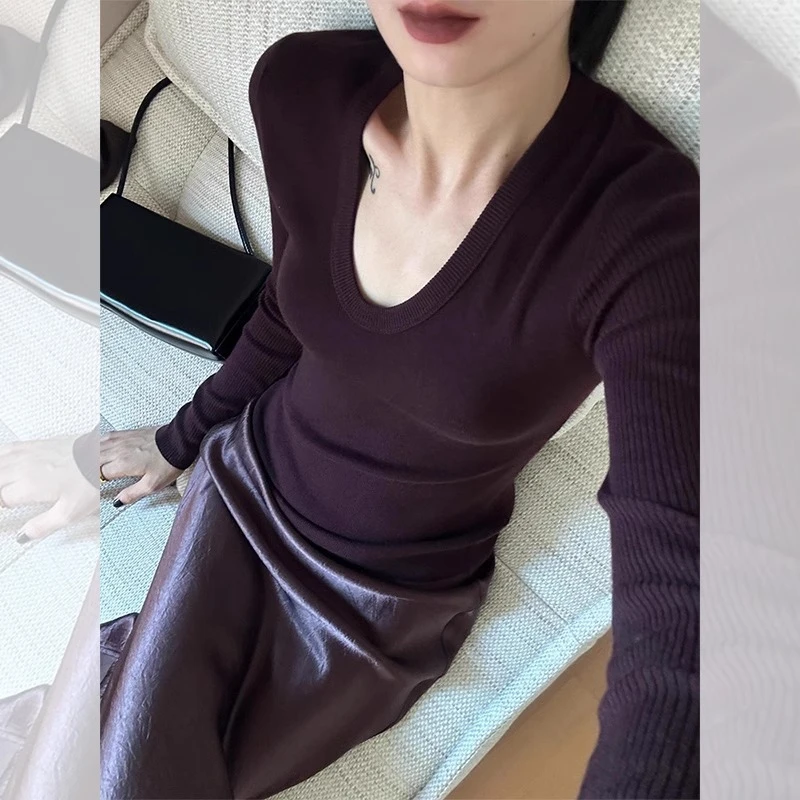 法式内搭紫色百搭针织打底衫女款秋冬穿搭短款毛衣修身长袖上衣女