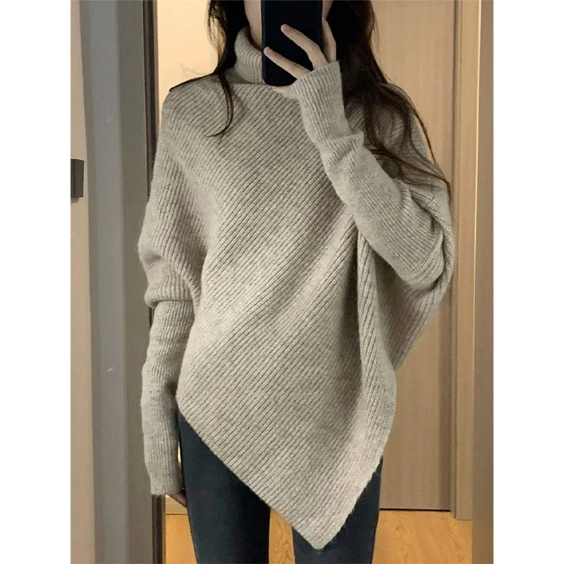高领不规则小众设计感毛衣女秋冬韩版宽松慵懒风软糯针织上衣加厚