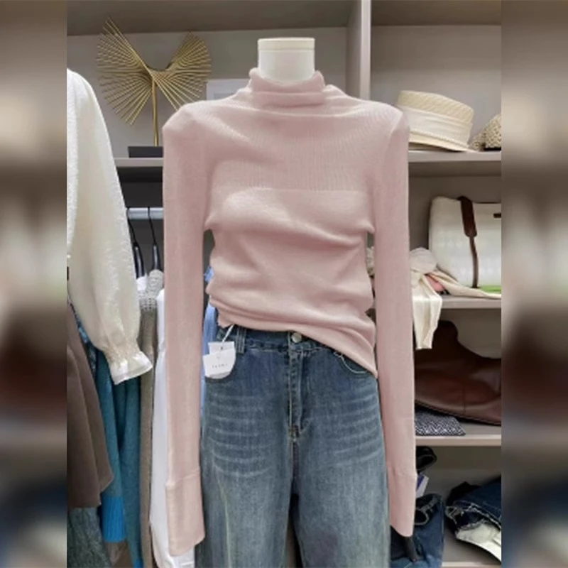 温柔系软糯粉色高领针织打底衫女秋冬新款修身毛衣内搭氛围感上衣