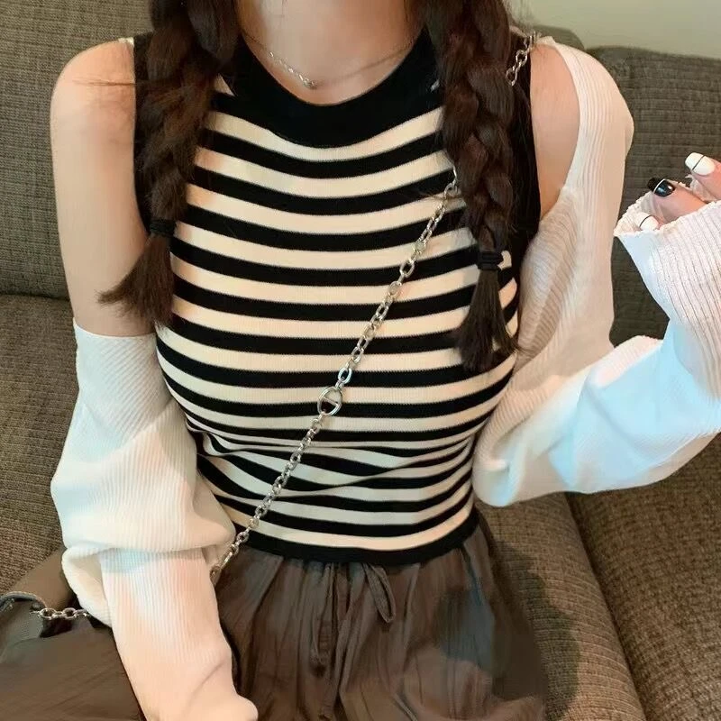 冰丝条纹针织背心女夏2025新款显瘦短款内搭无袖上衣辣妹吊带外穿