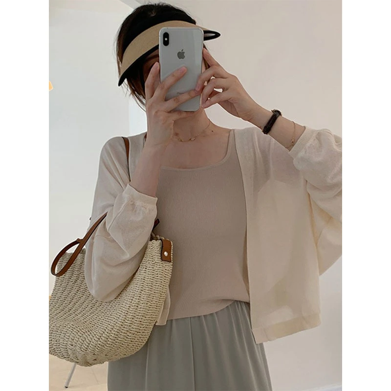 法式灯笼袖冰丝防晒针织开衫薄款女夏季吊带外搭小披肩宽松空调衫