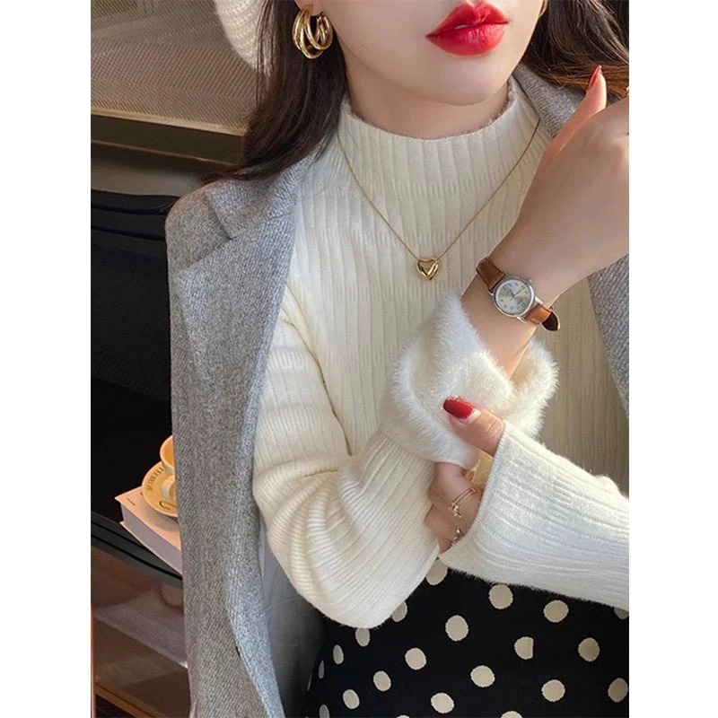 秋冬加绒毛衣女打底衫半高领加厚保暖内搭白色针织仿水貂绒上衣