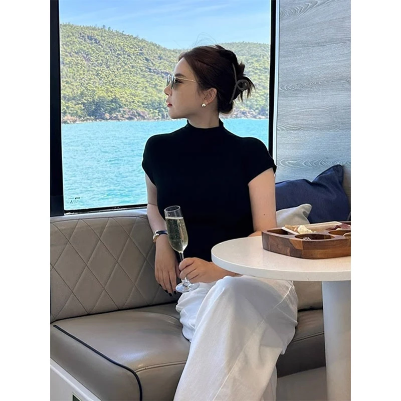 秋装半高领黑色针织短袖t恤女夏季2023正肩紧身纯色短款辣妹上衣