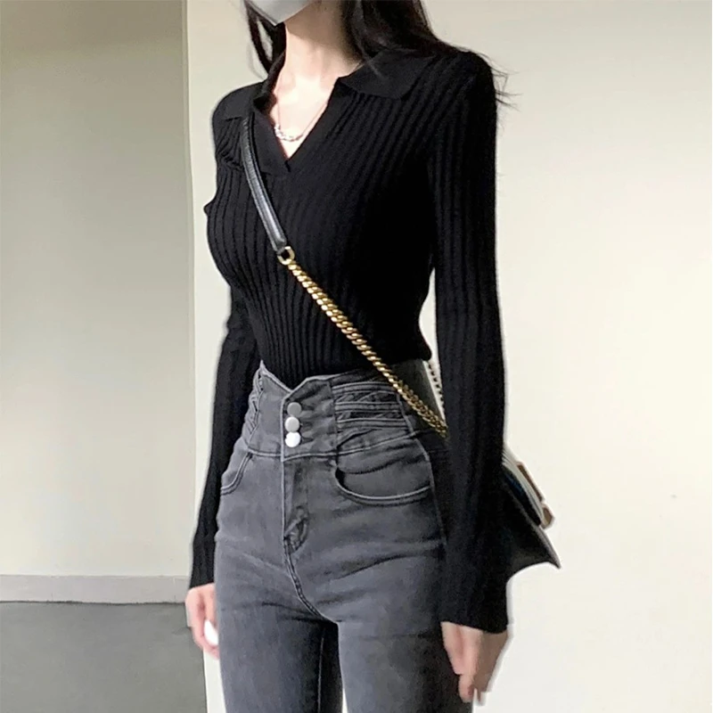 Polo领打底针织衫女秋冬季洋气内搭v领毛衣高级感紧身低领t恤上衣