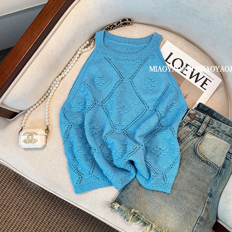 蓝色挂脖吊带背心女外穿法式多巴胺穿搭短款修身露脐针织镂空上衣