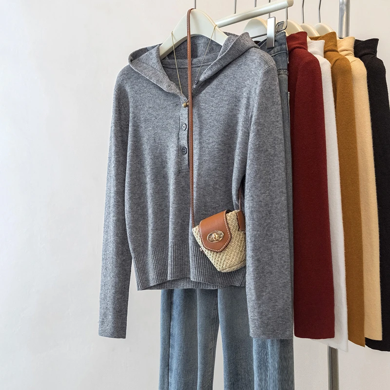 法式复古灰色针织毛衣内搭打底衫连帽卫衣女秋季修身显瘦长袖上衣