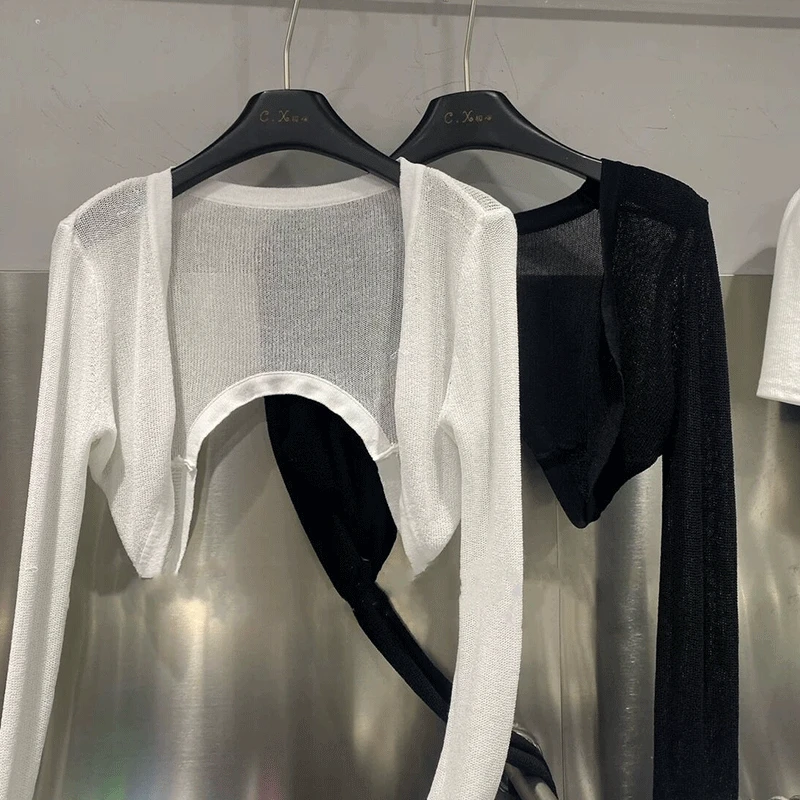 夏季不规则高腰小披肩超短款罩衫黑色薄款冰丝针织开衫防晒坎肩女