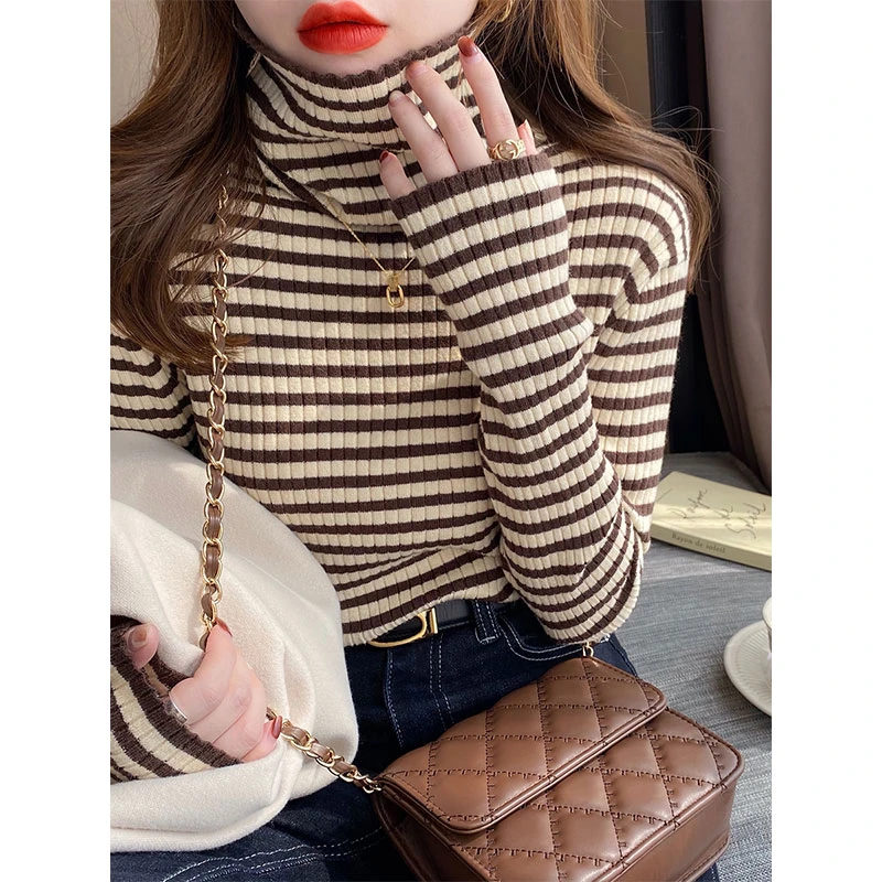 高领毛衣女秋冬年新款洋气内搭条纹打底衫女长袖修身针织上衣