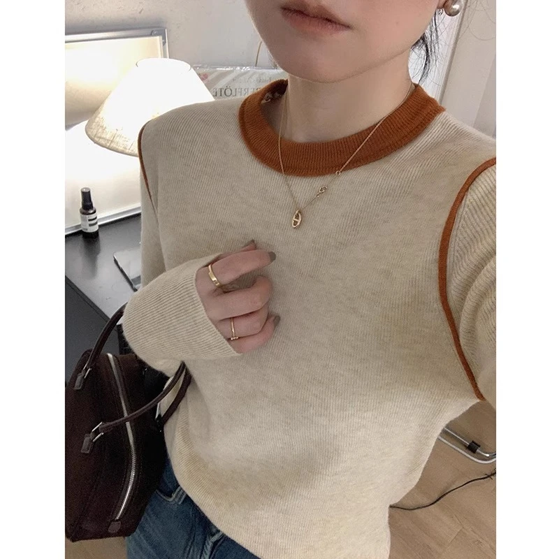高级感拼色圆领针织打底衫女秋冬季修身套头羊毛毛衣内搭长袖上衣
