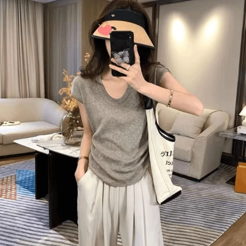 薄款u领短袖冰丝针织衫t恤女2025夏季新款修身半袖打底衫上衣飞袖
