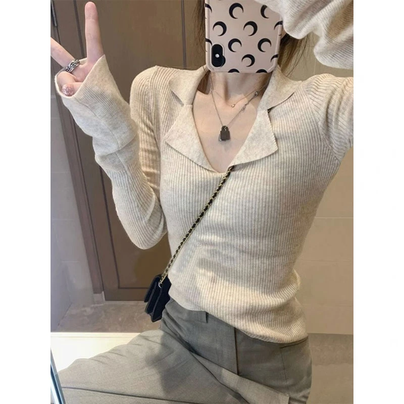 小众设计感polo领上衣修身v领针织衫2023新款早秋季打底衫女内搭