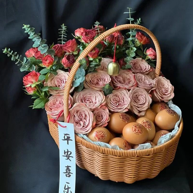 月子鸡蛋花篮母鸡水果榴莲鲜花插花手提篮产妇礼品藤编野餐编织筐