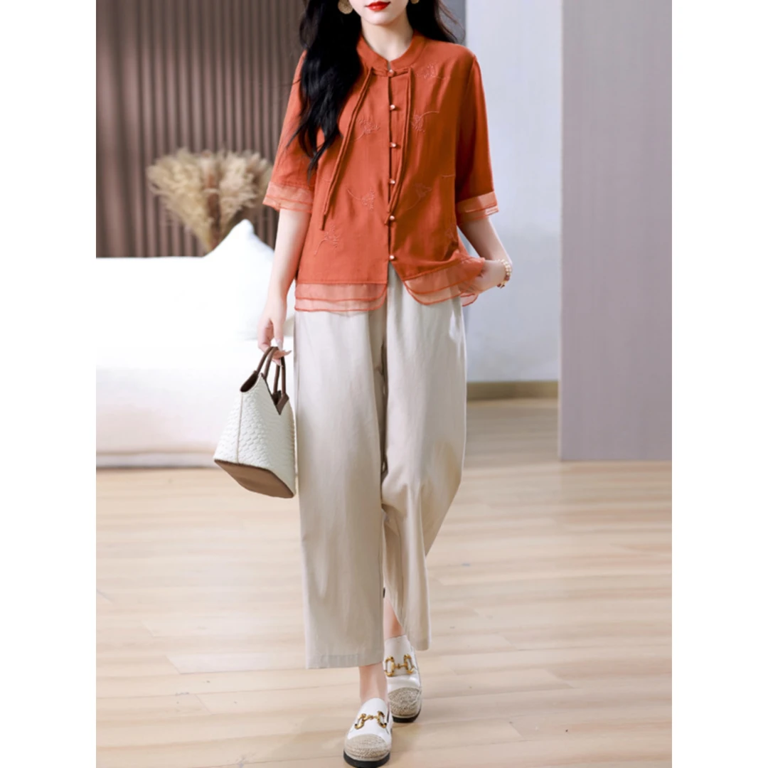 中年妈妈夏装套装2024年新款洋气减龄新中式休闲薄款冰丝两件套女