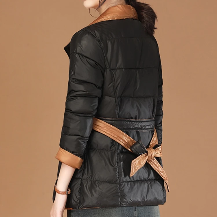 J003韩袭人时尚撞色棉衣女冬季新款宽松翻领绑腰加厚棉服外套秋冬