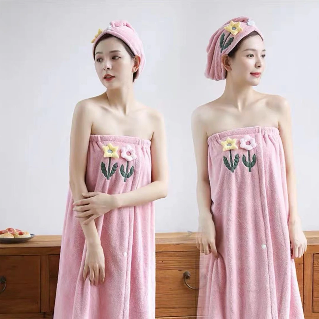 【新疆包邮】立体花浴裙+浴帽（两件套）吸水速干柔软珊瑚绒性感网红