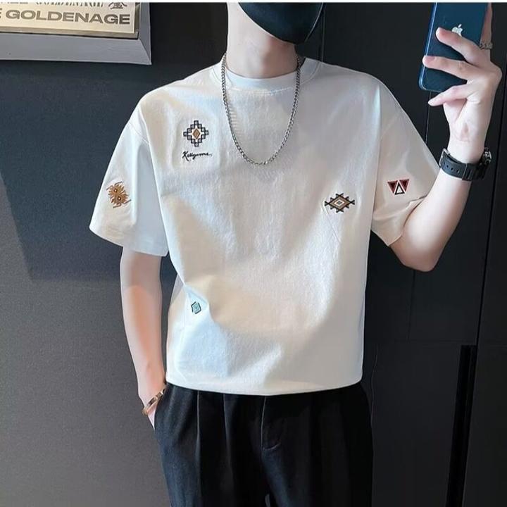 夏季短袖T恤男潮牌痞帅半袖圆领体恤2023新款潮流休闲百搭打底衫