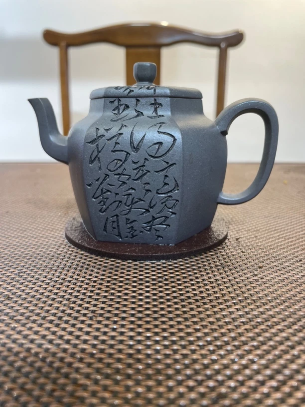 全手工原矿青灰泥筋纹六方宫灯壶240cc莲子壶牛盖紫砂壶茶壶手制