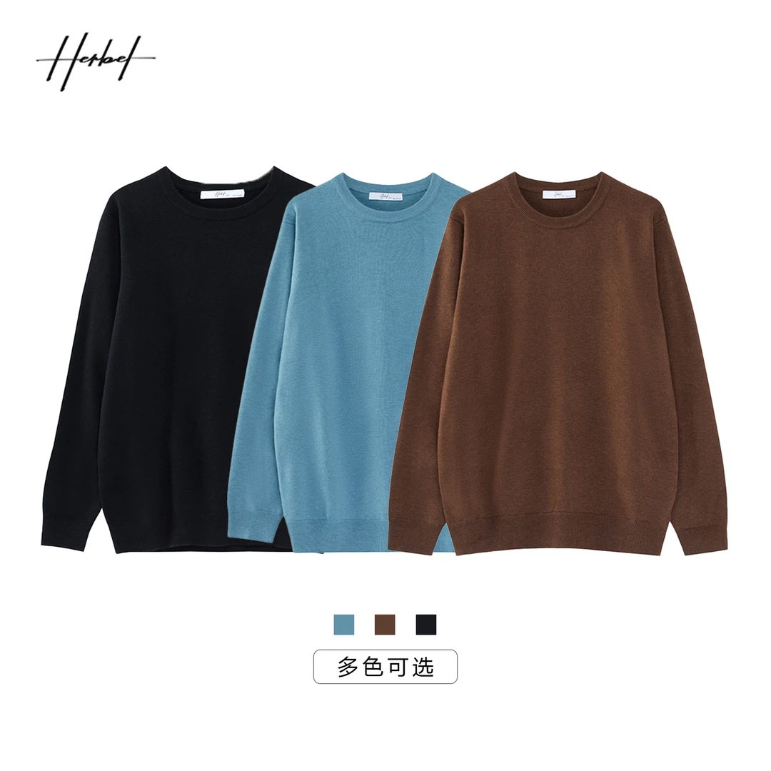 HERBEL/黑白冬季针织衫新款基础款打底圆领多色毛衣休闲百搭