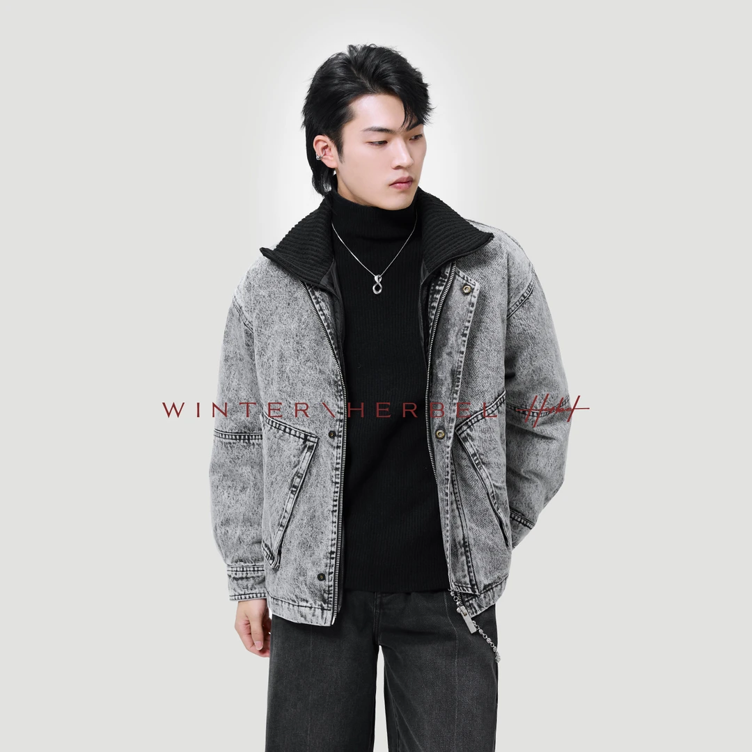 HERBEL/黑白2024冬季新品羽绒服潮流牛仔时尚保暖休闲短款百搭