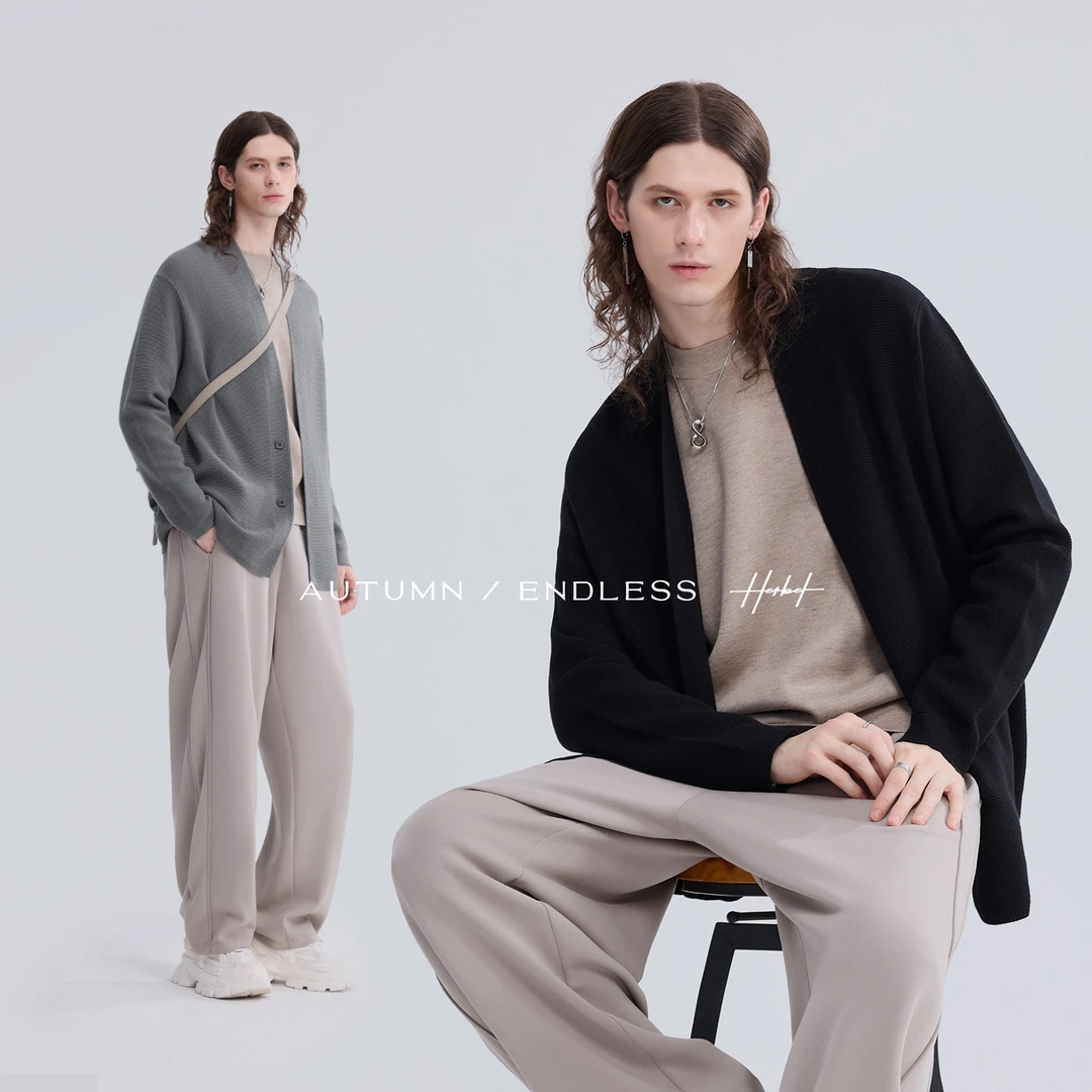 HERBEL/黑白2025春装新款男士百搭针织开衫修身休闲纯色毛衣外套