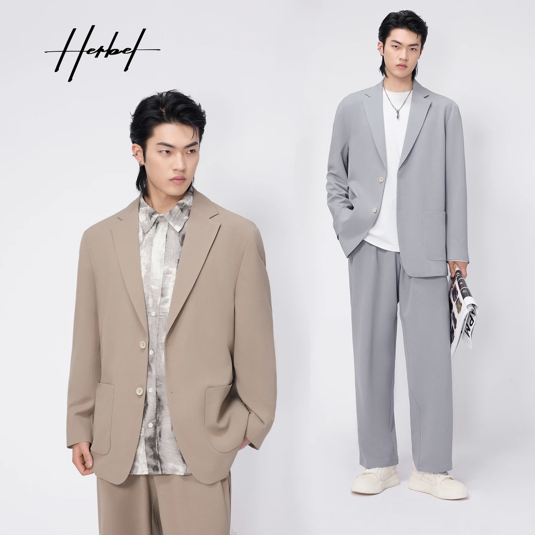 HERBEL/黑白2025春季经典纯色西装外套时尚男士轻熟风短袖西装
