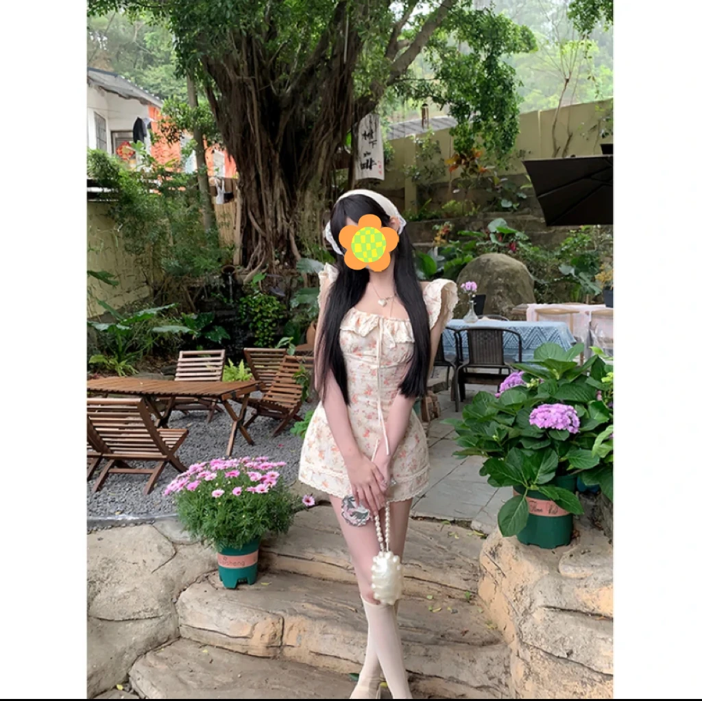 富贵花开甜美纯欲法式时尚性感连衣裙短款沙滩夏季薄款印花宽松