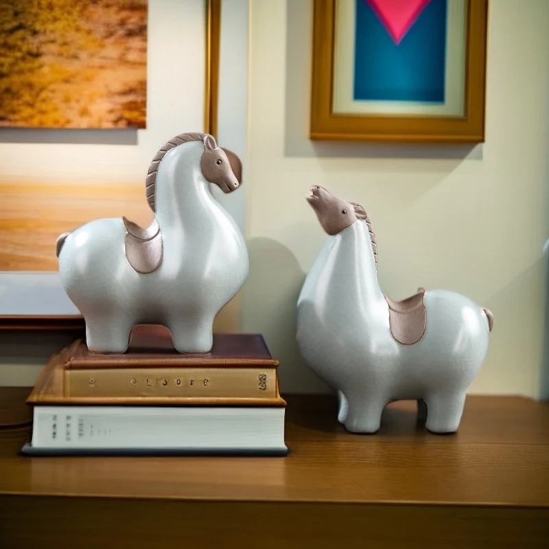 陶瓷唐马天青中式招财客厅动物酒柜桌面陶瓷装饰品办公桌汝窑茶道