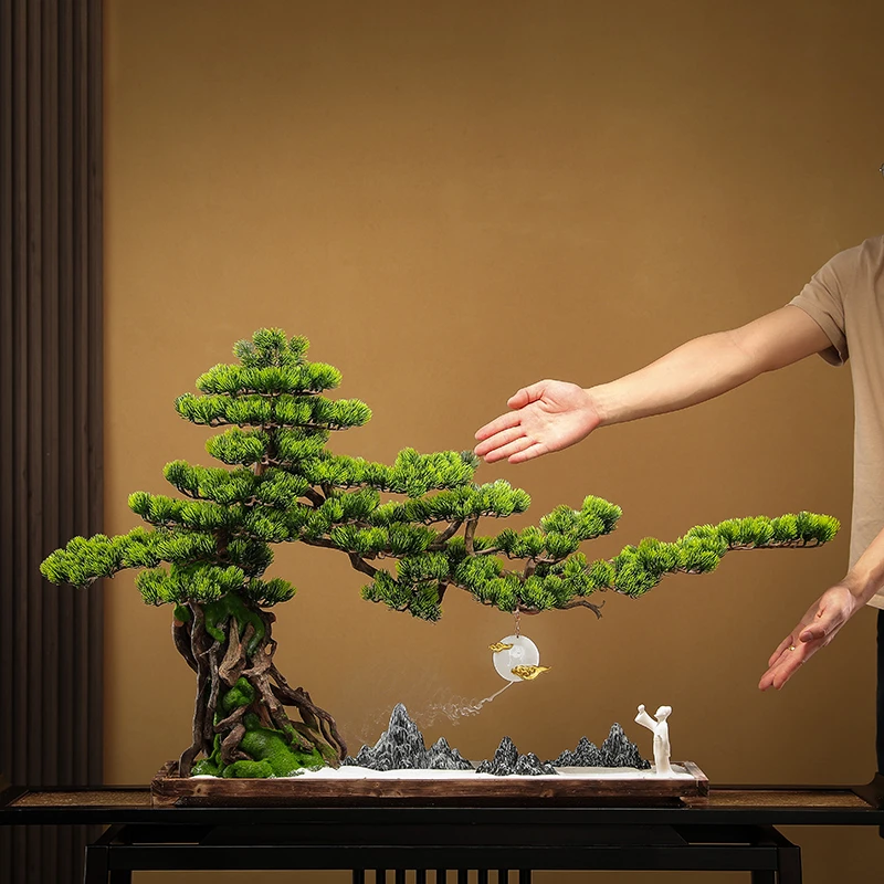 仿真迎客松盆景摆件禅意家居客厅新中式玄关酒店景观造景软装饰品
