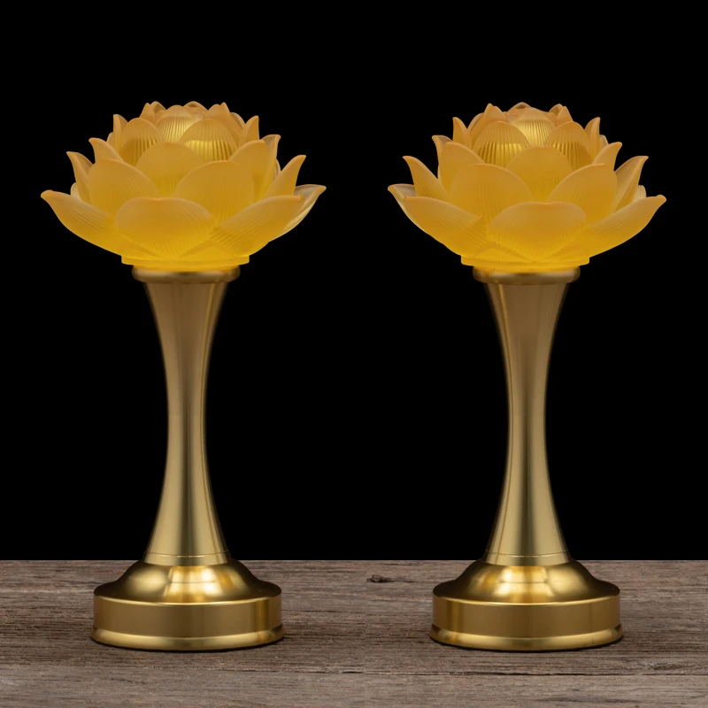 新中式仿琉璃莲花灯家用客厅合金充电款黄色长明灯摆件