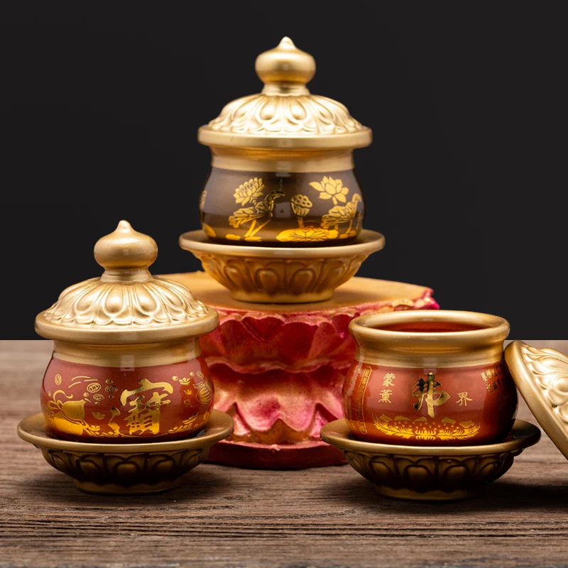 新款供水杯陶瓷仿铜圣水杯家用高档紫铜三连杯水杯净水杯