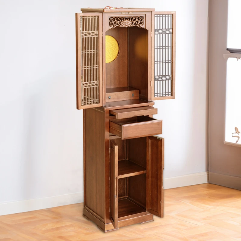 新中式唐式立柜带门带背光新中式实木柜家里家用供柜一体神台柜