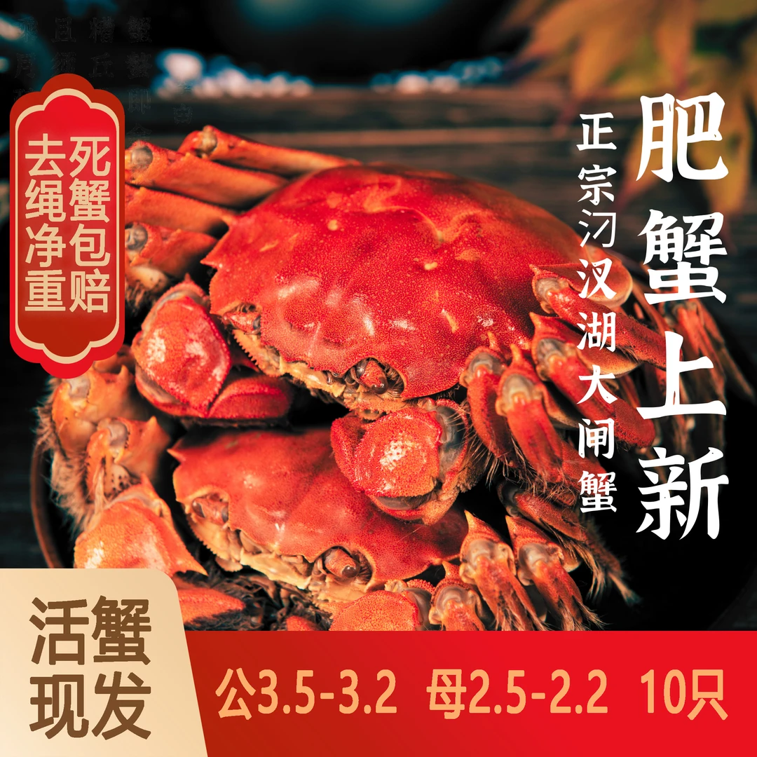【活蟹】汈汊湖大闸蟹公3.5-3.2两母2.5-2.2两拍8只送2只