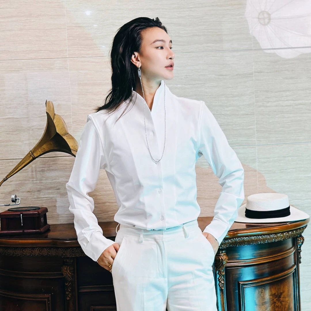 正正TUTU新款设计立领交领休闲职业长袖衬衫白色衬衣男女款-PS