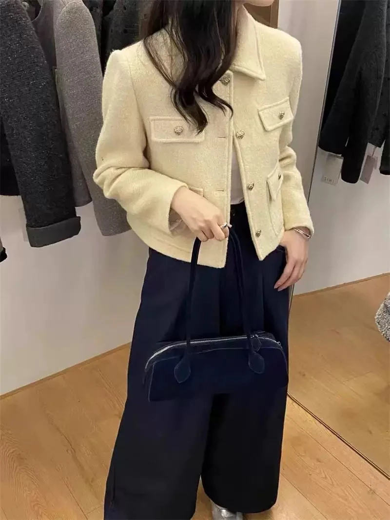 精致翻加厚加棉小香风外套女2024冬装保暖双口袋时尚上衣百搭