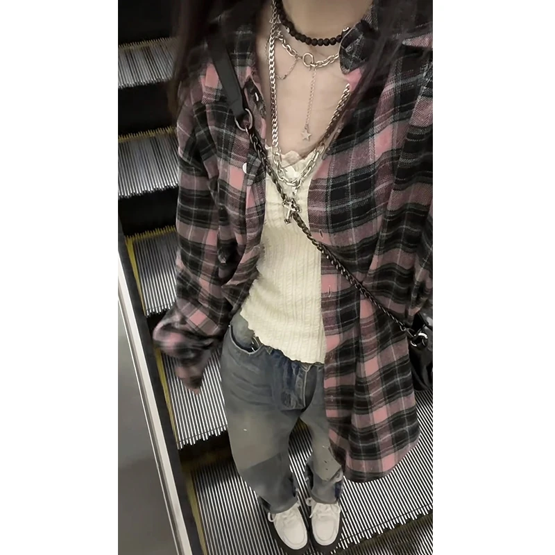甜酷辣妹小众别致高级感宽松慵懒撞色格纹格子外穿衬衫女薄款外套