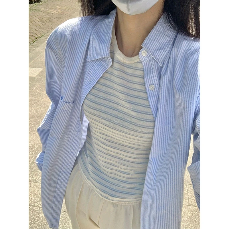 2024夏秋季新款韩系穿搭小个子蓝白条纹衬衫女宽松百搭情侣外套薄