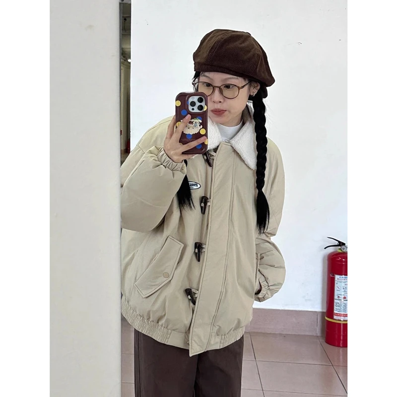 冬季新款港风复古宽松羊羔绒拼接加厚棉服女保暖防风外套ins上衣