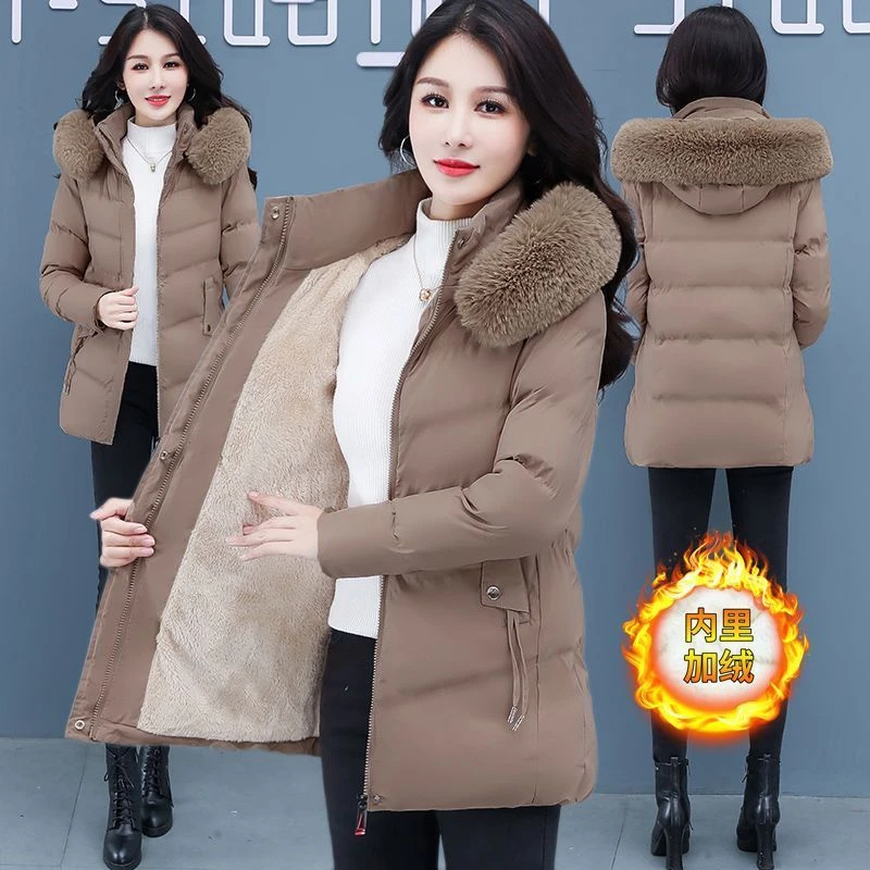 啄木鳥名牌羽绒服女中长款冬季加绒加厚外套大毛领棉衣棉袄短款